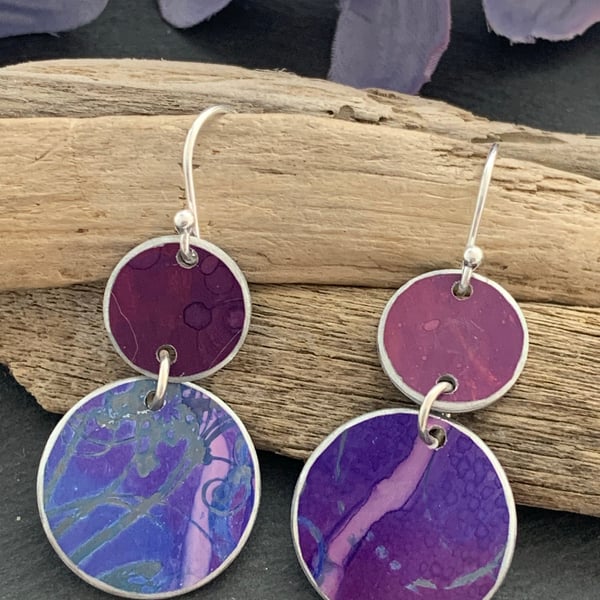 Water colour collection - hand painted aluminium earrings Burgundy and Purple