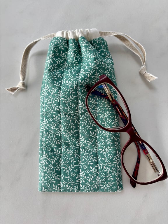 Glasses case, sunglasses pouch, padded, with drawstring,  in green floral cotton