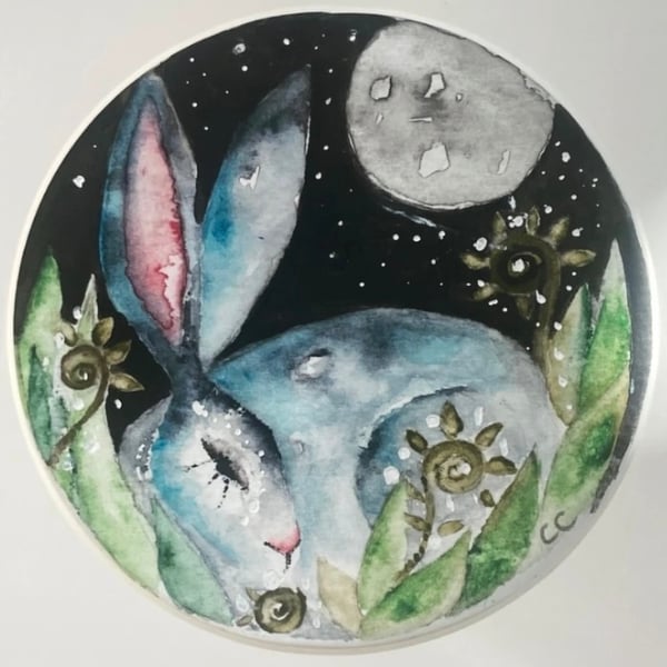 Mounted Original Resting Hare Rabbit in Moonlight Watercolour 