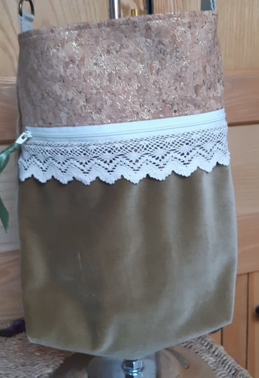 sage green velvet and cork crossbody bag