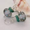 Blue Grey Lampwork Glass Polka Dot Sterling Silver Earrings