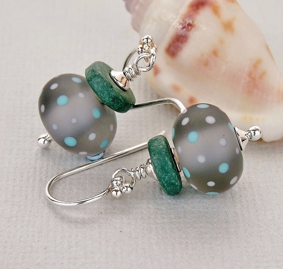 Blue Grey Lampwork Glass Polka Dot Sterling Silver Earrings