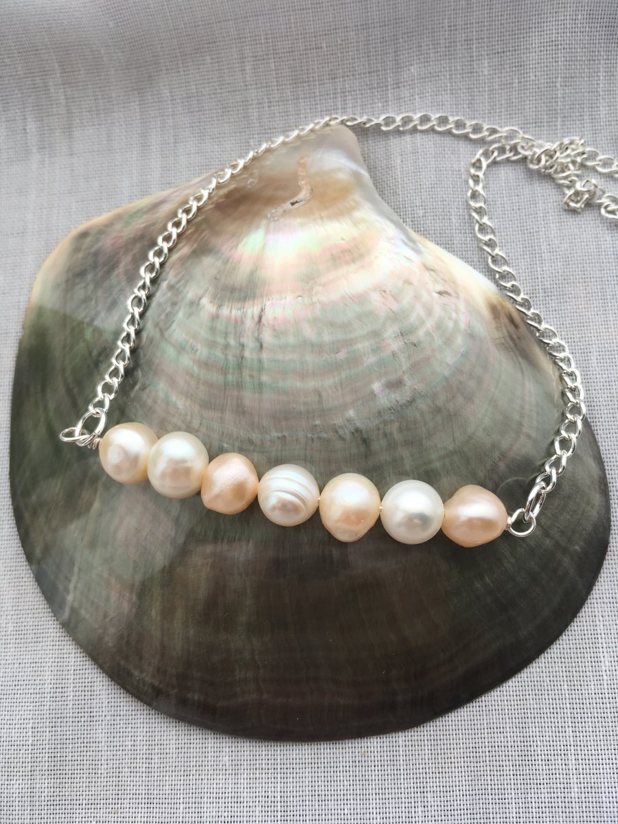 Peach and white freshwater pearl bar necklace - made in Scotland. 