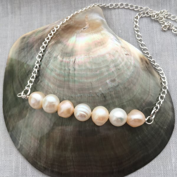 Peach and white freshwater pearl bar necklace - made in Scotland. 