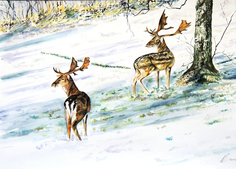 Deer in Winter Original Watercolour Painting.: Fallow Deer Woodland Snow Scene 
