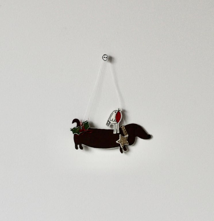 'Sausage Dog with a Robin' - Hanging Decoration