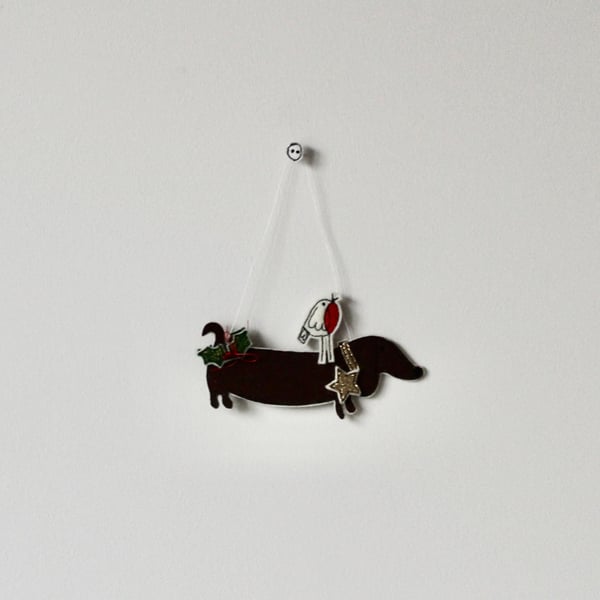 'Sausage Dog with a Robin' - Hanging Decoration