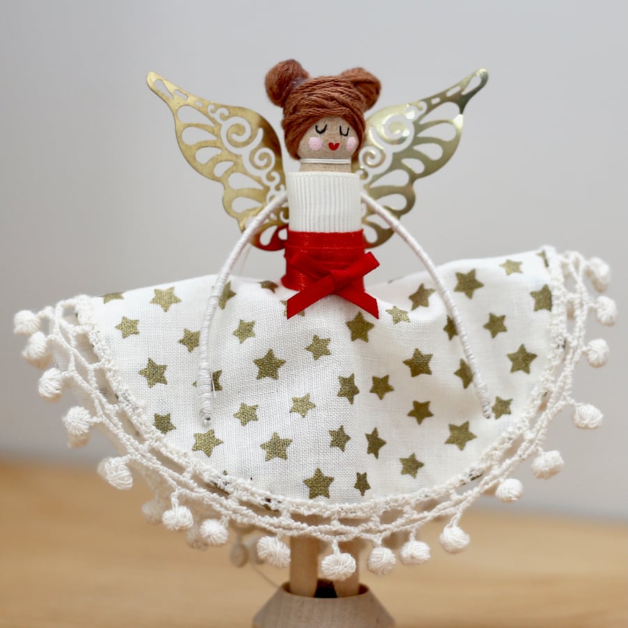 'Gold star dress fabric' Handmade Peg Doll (Brown buns in hair)