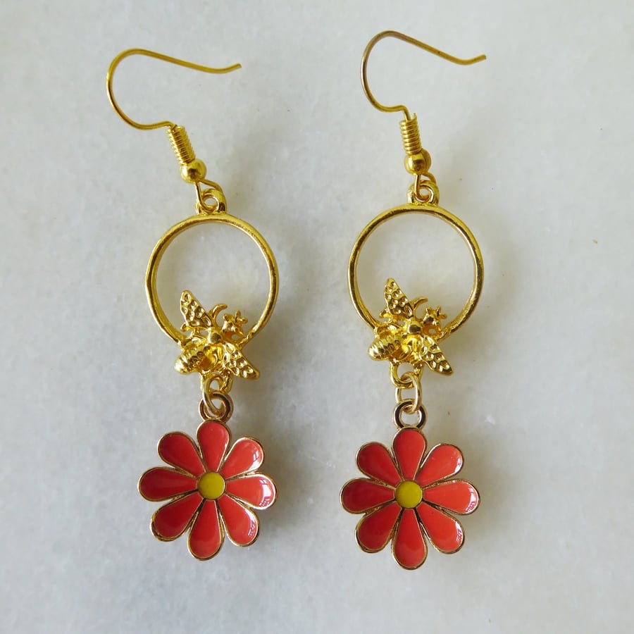 Bee and Red Flower Earrings with Gold Plated Ear Wires