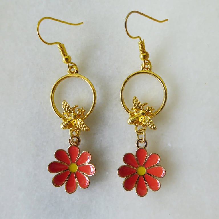 Bee and Red Flower Earrings with Gold Plated Ear Wires