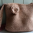 Crochet caramel coloured shoulder bag with flower decoration
