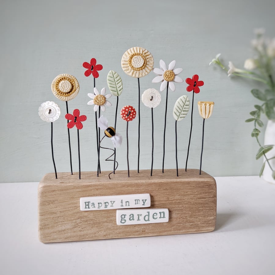 Clay and Button Flower Garden with Bee in a Wood Block