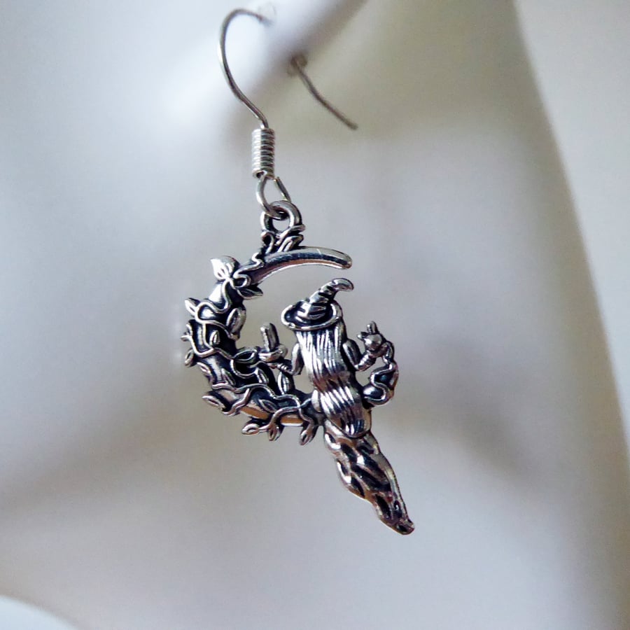 Halloween Earrings with Witch & Vine Covered Moon 