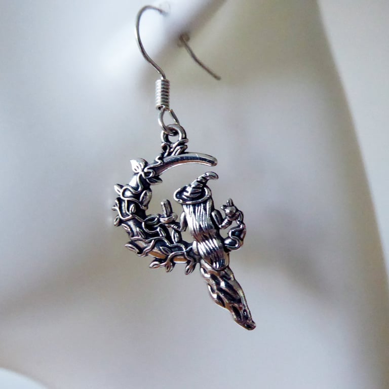 Halloween Earrings with Witch & Vine Covered Moon 