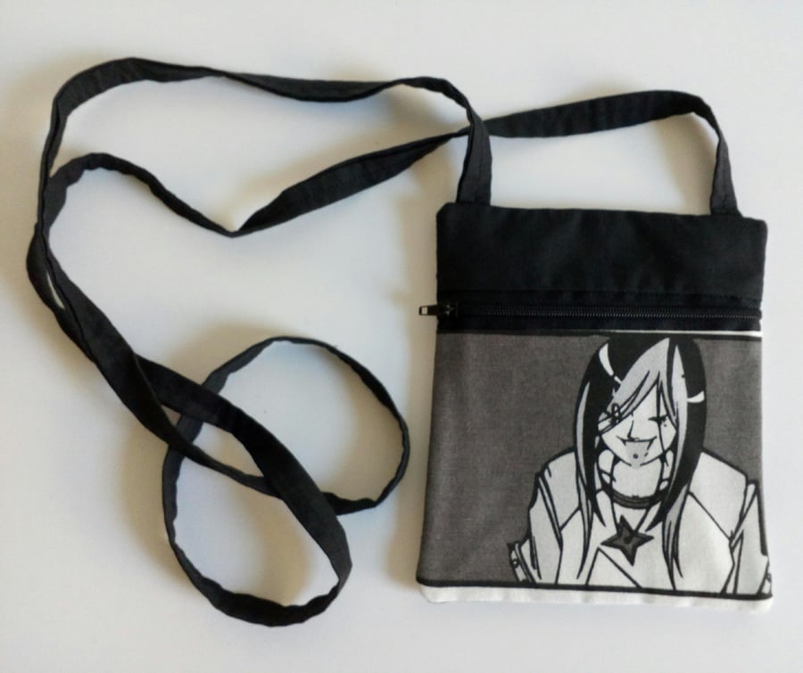 Crossbody bag, Anime design, monochrome,  lined, bag, black, 