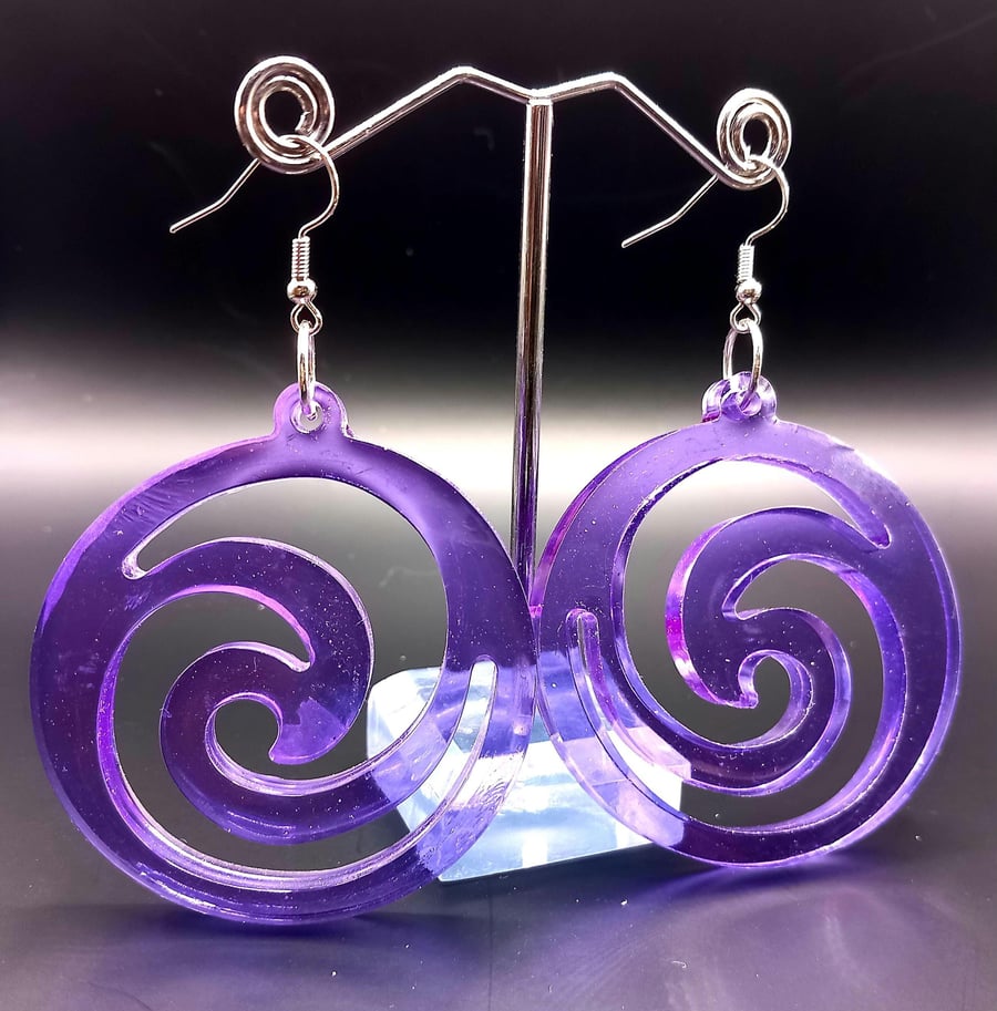 Large Purple Coloured Resin Swirl Round Drop Earrings