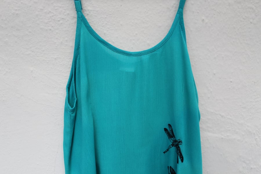 green sun dress Vintage 90's Ladies dragonfly hand print,Eco Re worked dress