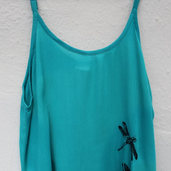 green sun dress Vintage 90's Ladies dragonfly hand print,Eco Re worked dress