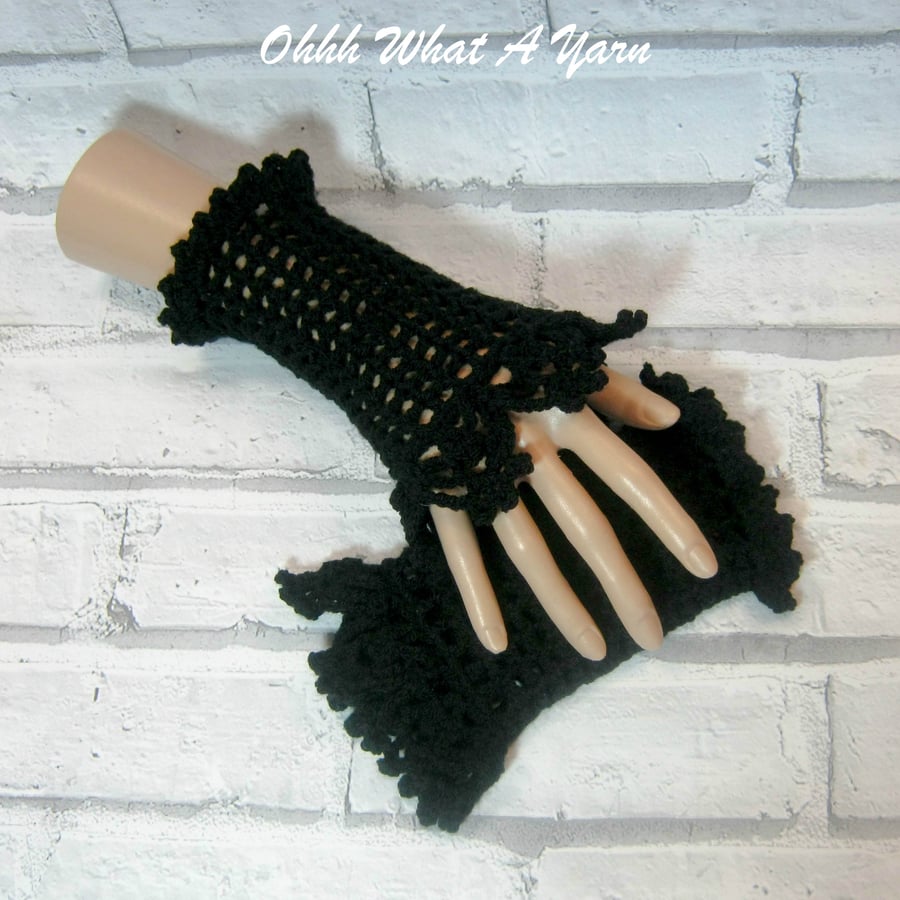 Crochet mesh and lace ladies finger-less gloves.