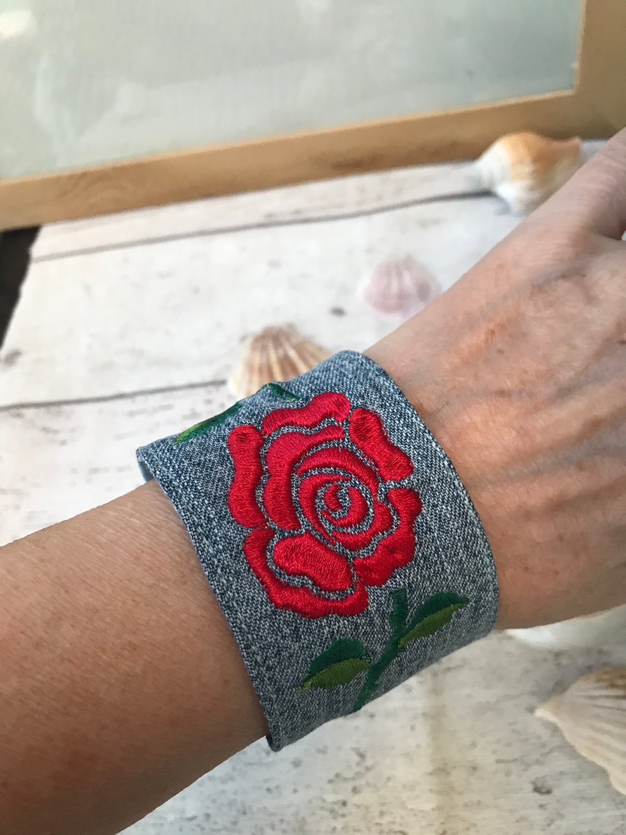 Embroidered red rose cuff bracelet 