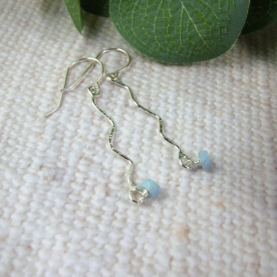 Long Wavy Stick Earrings, Sterling Silver and Blue Opal Gemstone Droppers