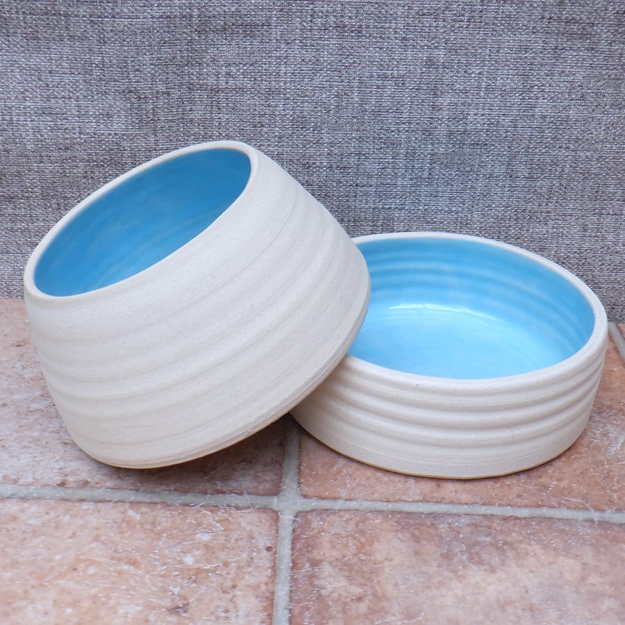 Pair of small spaniel custom water and food bowls stoneware pottery 