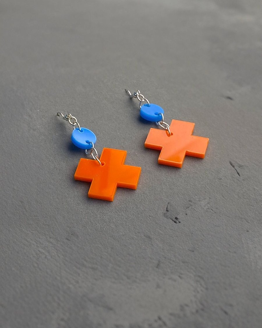  ChatGPT Handcrafted Geometric X Dangle Earrings: Blue and Orange Acrylic Cross 