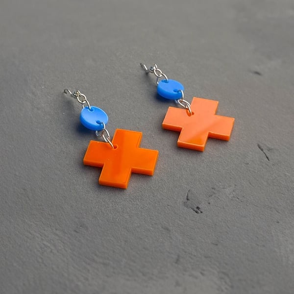 ChatGPT Handcrafted Geometric X Dangle Earrings: Blue and Orange Acrylic Cross 
