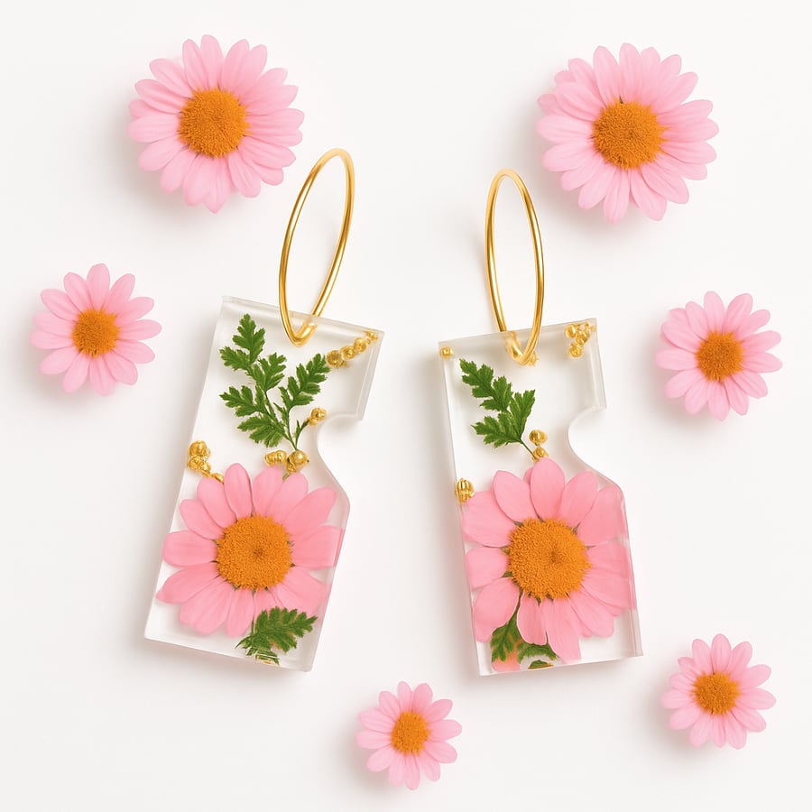 Pink Daisy Resin Rectangle Earrings with Gold Leaf Hoops