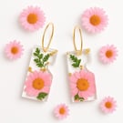 Pink Daisy Resin Rectangle Earrings with Gold Leaf Hoops