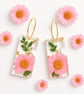 Pink Daisy Resin Rectangle Earrings with Gold Leaf Hoops