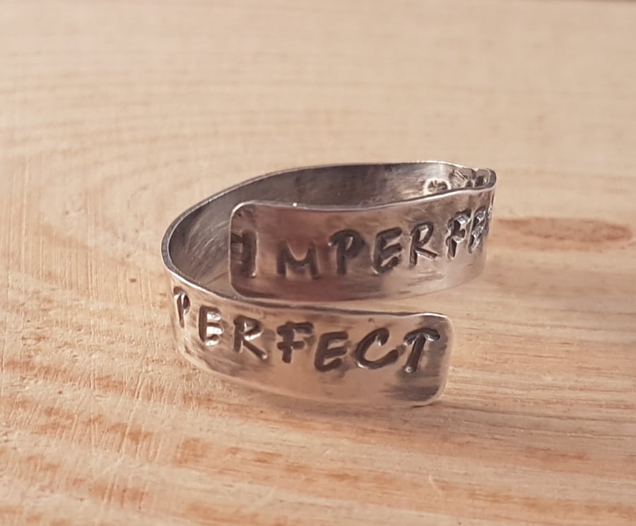 Sterling Silver Stamped 'Imperfectly Perfect' Cross Over Adjustable Ring