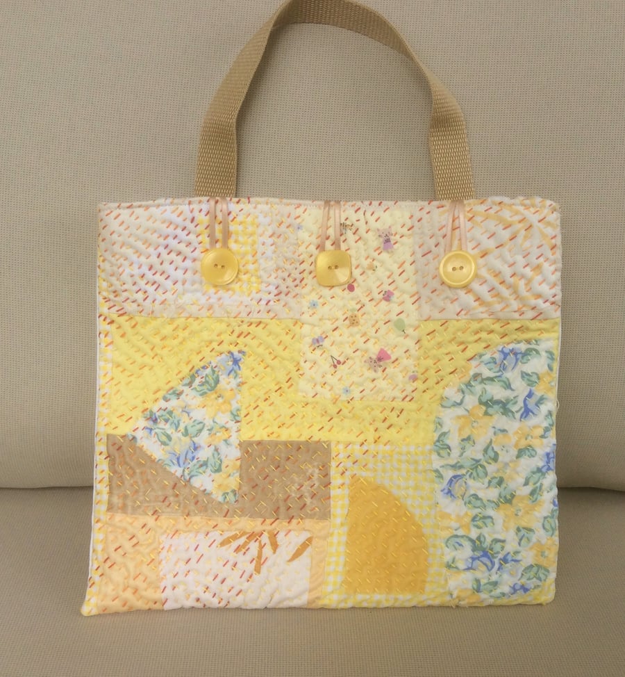  Handbag, small tote, shades of yellow, hand embroidered 