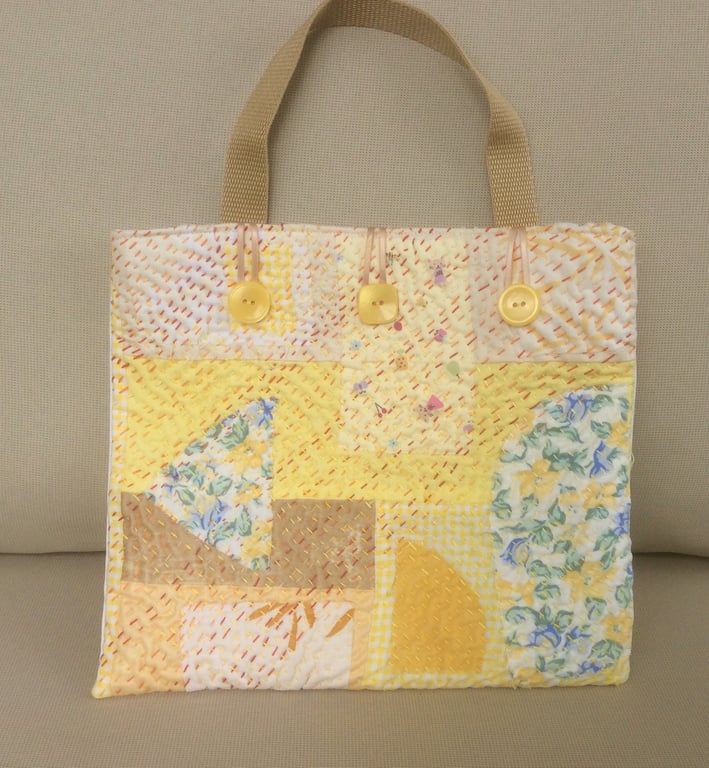  Handbag, small tote, shades of yellow, hand embroidered 