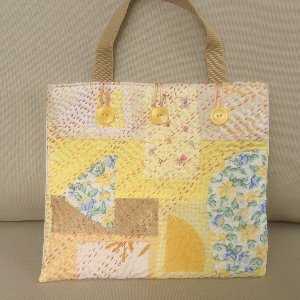  Handbag, small tote, shades of yellow, hand embroidered 