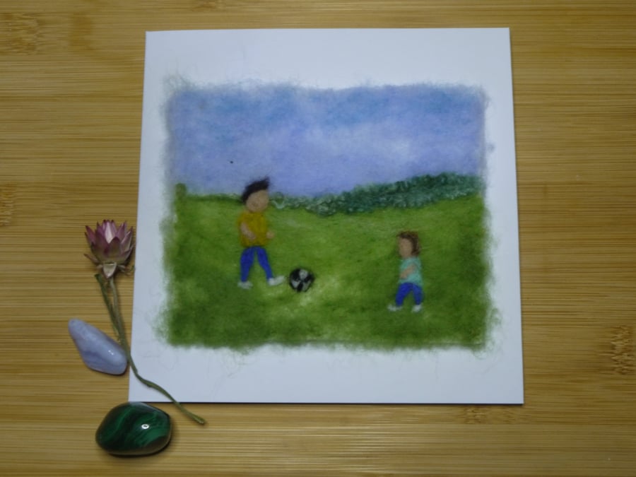 Handmade needle felted Playing football greetings card