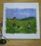 Handmade needle felted Playing football greetings card