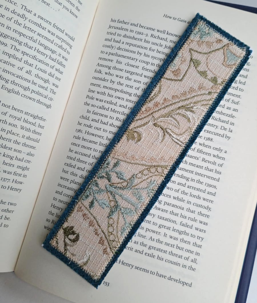 Textile bookmark - aqua blue embroidered curtain, wool and velvet fabrics