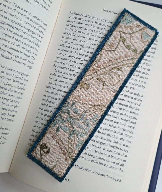Textile bookmark - aqua blue embroidered curtain, wool and velvet fabrics