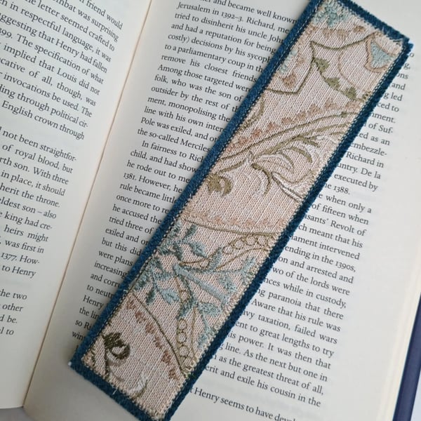 Textile bookmark - aqua blue embroidered curtain, wool and velvet fabrics
