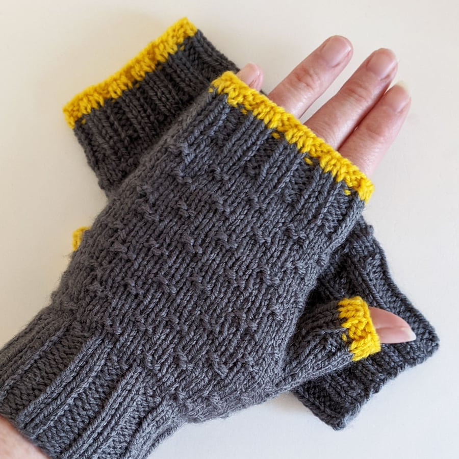 Fingerless Gloves Mitts - Wrist Warmers - Charcoal and Yellow 