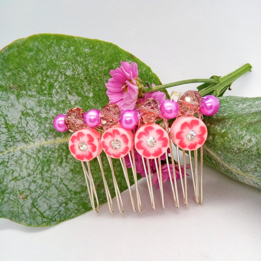 Pink and Purple Floral Disc Hair Comb with Purple Pearls, Hair Accessories