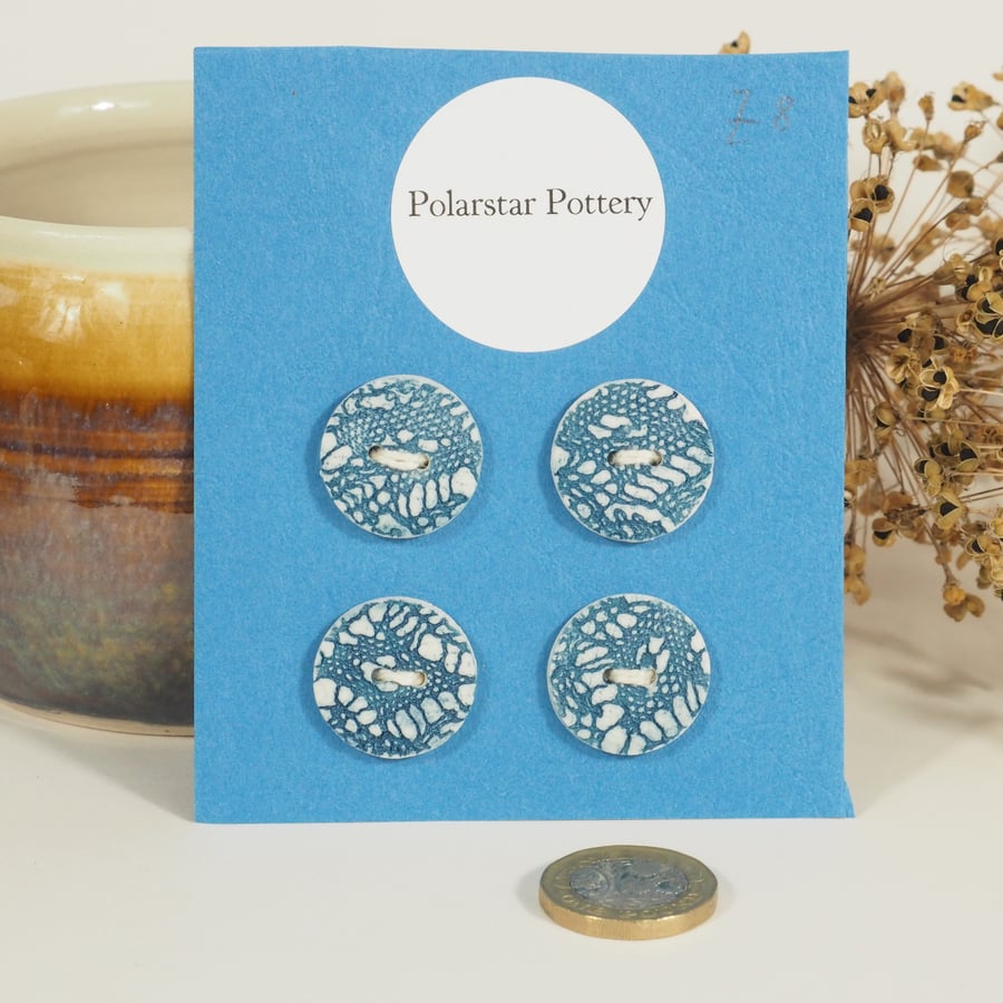 Set of 4 Porcelain Buttons - Blue lace texture