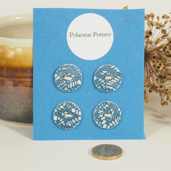 Set of 4 Porcelain Buttons - Blue lace texture