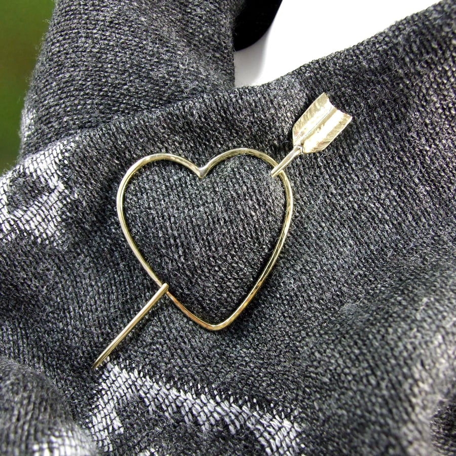 Shawl Pin, Brass Cupids Heart and Arrow