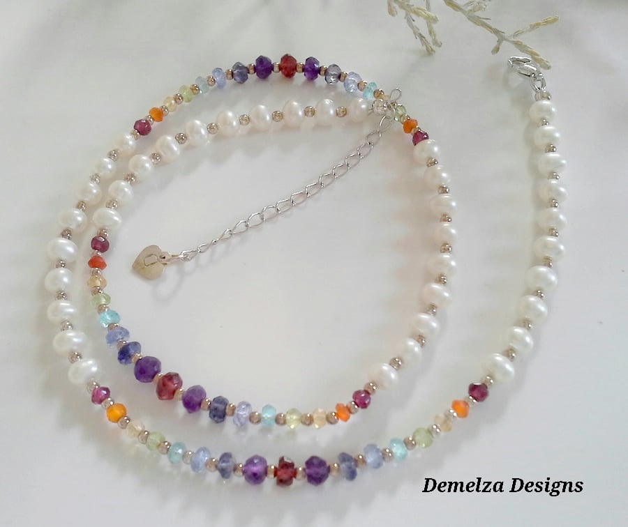 Freshwater Pearl & Multi Gemstone Sterling Silver Necklace & Bracelet Set