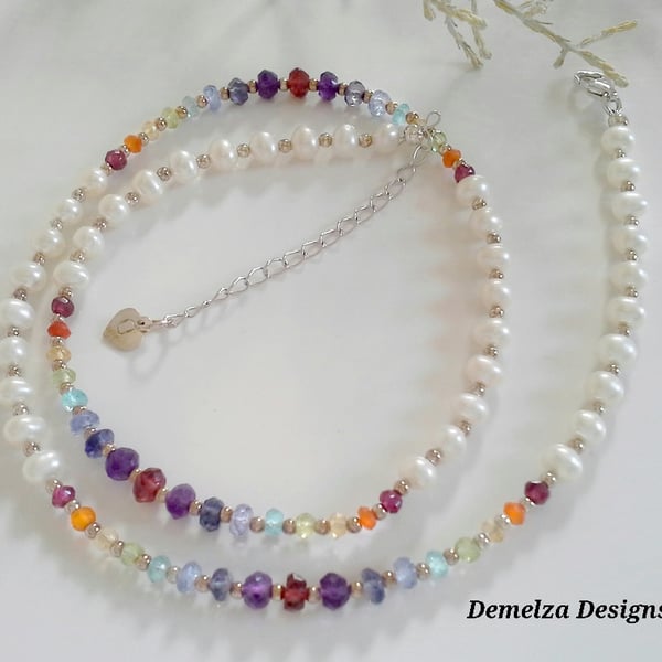 Freshwater Pearl & Multi Gemstone Sterling Silver Necklace & Bracelet Set