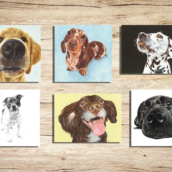 Dogs Greeting Cards Pack of 6 - Puppy Illustration Card Multipack -Dog Paintings