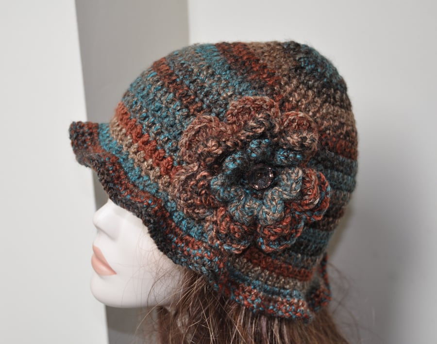 Hand Crocheted 1920s Flapper Hat Beanie Blue Brown Ombre Crochet Free Post