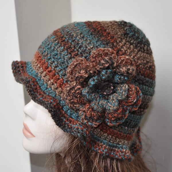 Hand Crocheted 1920s Flapper Hat Beanie Blue Brown Ombre Crochet Free Post